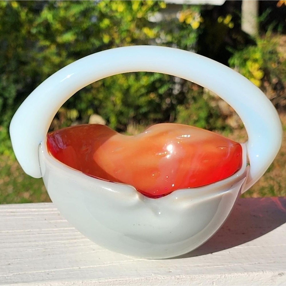 Vintage Art Glass Basket Bowl White Orange Heavy Hand Blown MCM Murano Style